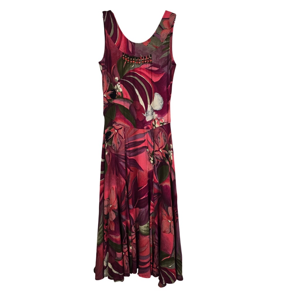 VTG‎ Carole Little Maxi Tropical Dress Floral Beaded Cut Out Back Pink Green EUC